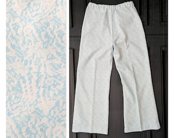 Pantalones de punto vintage de los años 70 - Pantalones acampanados de punto con estampado azul claro y blanco - Tejido de punto doble para mujer, talla grande