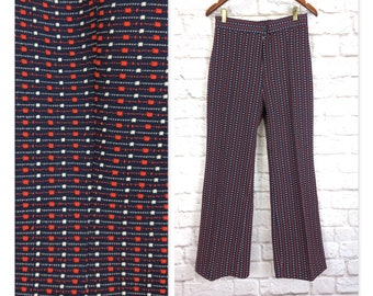 Vintage Stretch Knit Flared Leg Pants - Ladies Size Medium - Blue Red White Dots Nubby Textured