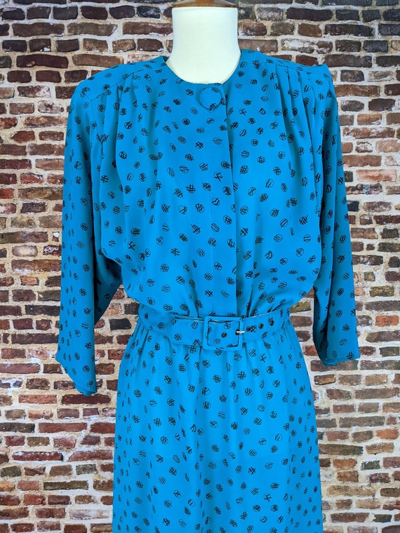 Vintage 80's Dress - Teal Black Polka Dots - Shir… - image 2