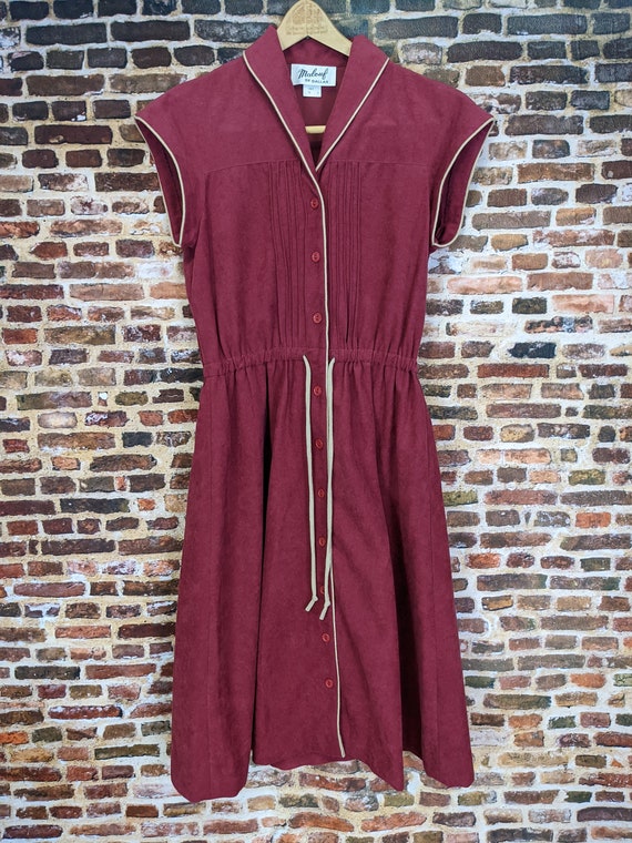 Burgundy Microsuede Dress - Simple 70's Short Sle… - image 2