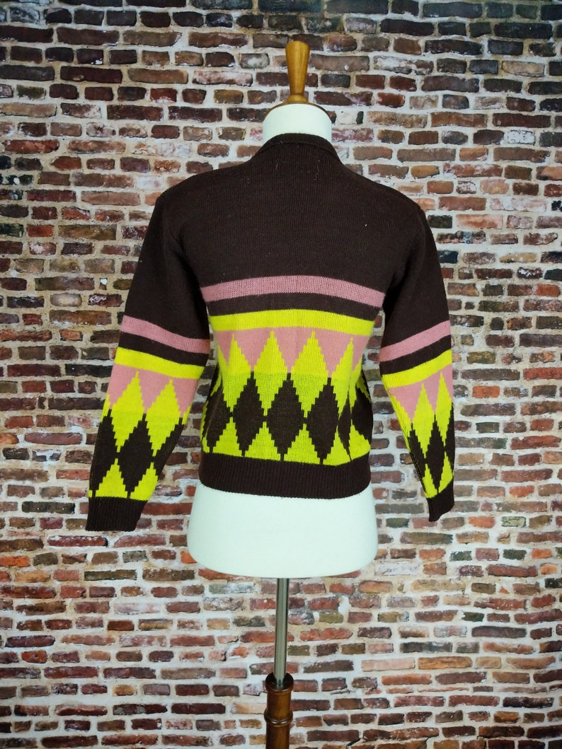 Vintage 60/'s 70/'s Knit Sweater Argyle Acrylic Women/'s Size XS Mod Yellow Brown