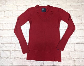 Vintage Y2K American Eagle V Neck Babydoll Long Sleeve Sweater Red Women Size M