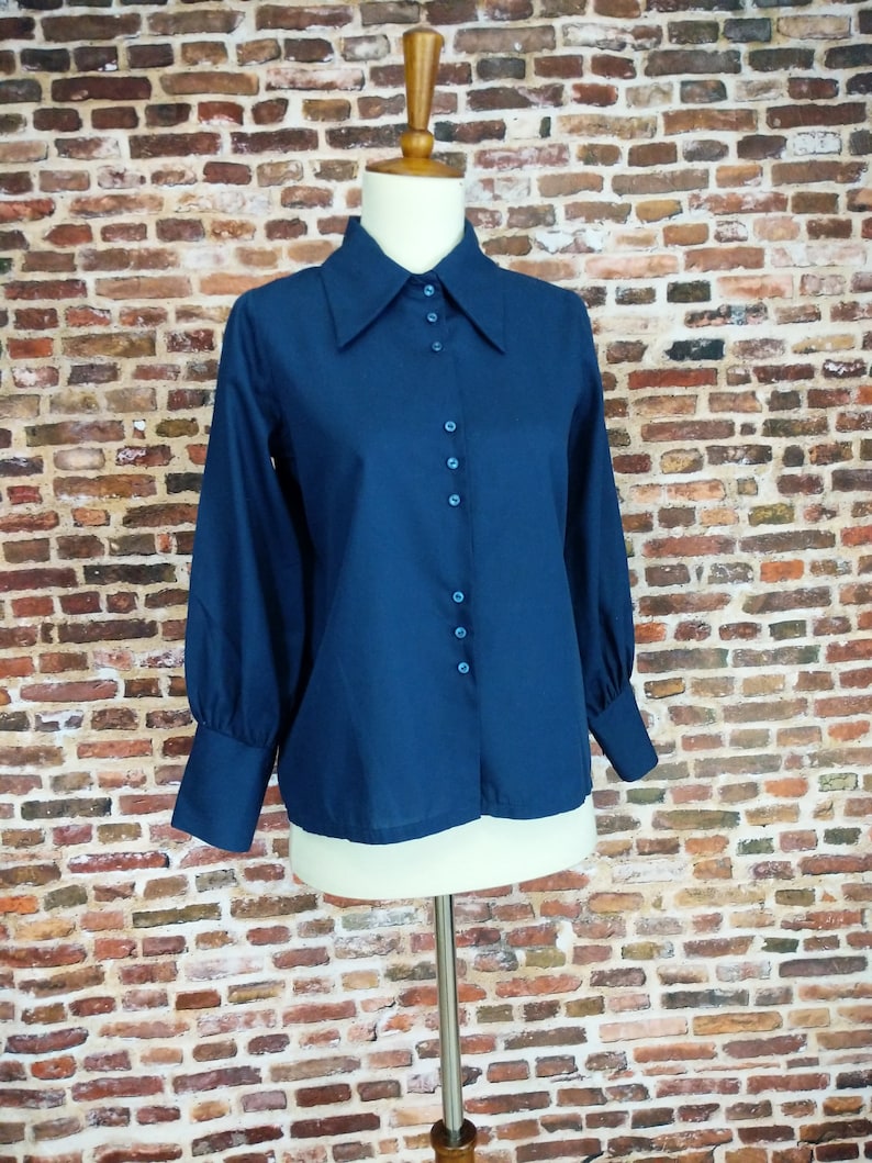 Vintage Girl/'s Shirt Mod 60/'s 70/'s Size 12 14 Blue Button Up Blouse
