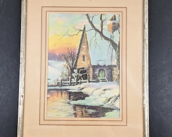 Vintage Framed Print - Snowy Mill Cabin in the Woods - Metal Frame Glass Front