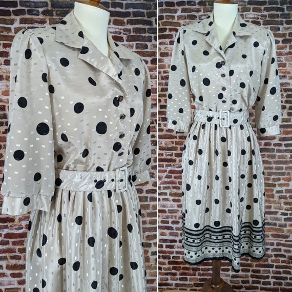 Vintage 80's Dress - Black Ecru Polka Dots - Shir… - image 1