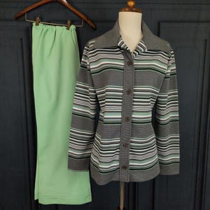 Vintage 70&#39;s Women&#39;s Leisure Suit - Mint Green Striped Jacket Shirt Flared Leg Pant Suit - Small Pants Large Jacket