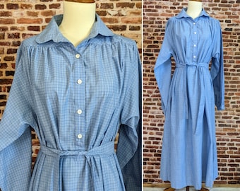 Long Blue Plaid Shift Dress - Long Sleeve Belted Prairie Dress - Size Large 12