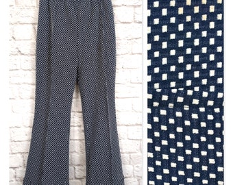 Vintage Stretch Knit Flared Leg Pants - Ladies Size Medium - Blue White Polka Dots