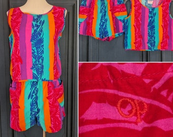 Vintage Ozean Pazifik Sommer Outfit - Baumwolle Crop Shirt und Shorts mit Taschen - Größe S