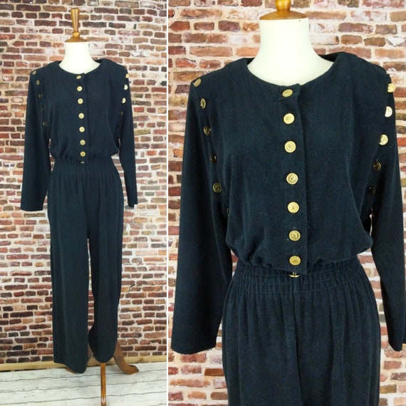 Vintage 80's Jumpsuit Black Terry Cloth Size Small
