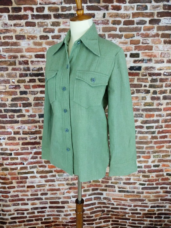 Vintage 70's Blazer Moss Green Button Up Shirt Wo… - image 6