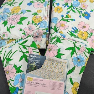 Vintage Full Sheet Set - Colorful 70&#39;s Botanical Floral Print - Renfrew Hall Sheet Set Fitted Flat and Pillowcases Unused Sears Floral