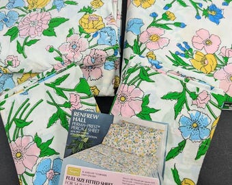 Vintage Full Sheet Set - Colorful 70&#39;s Botanical Floral Print - Renfrew Hall Sheet Set Fitted Flat and Pillowcases Unused Sears Floral