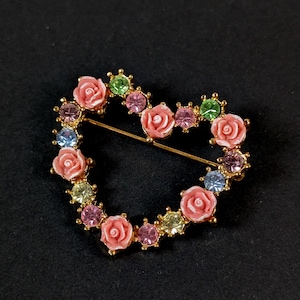Vintage Rhinestone Heart Brooch with Pink Flower Detail Heart Shaped Pin