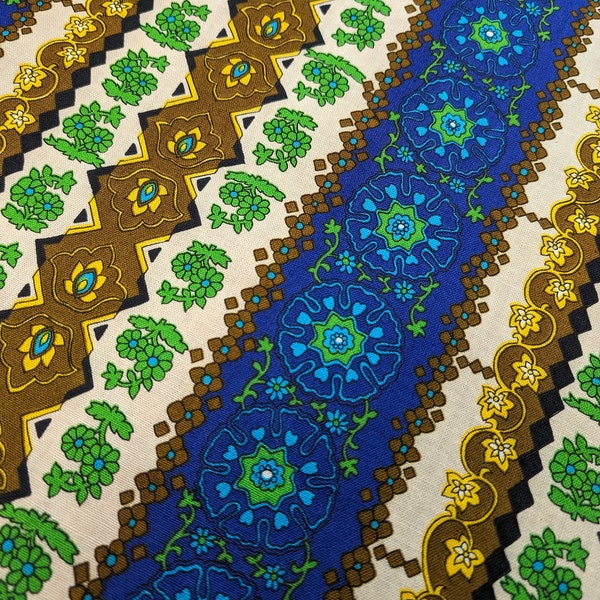 Vintage Cotton Sewing Fabric - MCM 60's 70's Hippie Print - Patterned Stripe 1 Yard