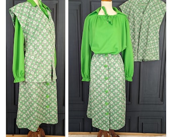 Vintage Bright Green Floral Skirt Suit - Ladies Women's Size Large XL - Shirt Vest and Skirt