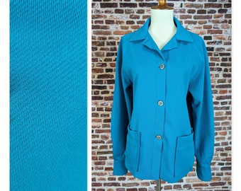 Vintage 70's Blazer - Teal Blue Stretch Knit Jacket - Women's Size Large