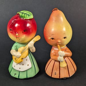 Vintage Napcoware Anthropomorphic Fruit Salt and Pepper Shakers Pair - Pear and Apple with Faces