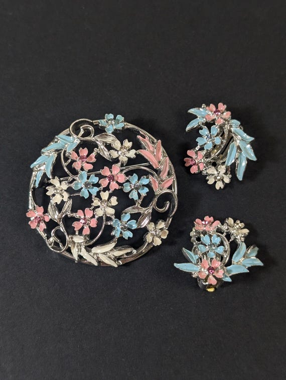Pastel Enamel Flower Brooch and Earrings Set - Silver Tone Metal Pink White Blue Enamel with Rhinestones - Clip on Earrings and Pin