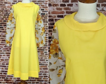 Vintage Yellow 60's Dress - Long Sleeve Floral Shift - Size Small