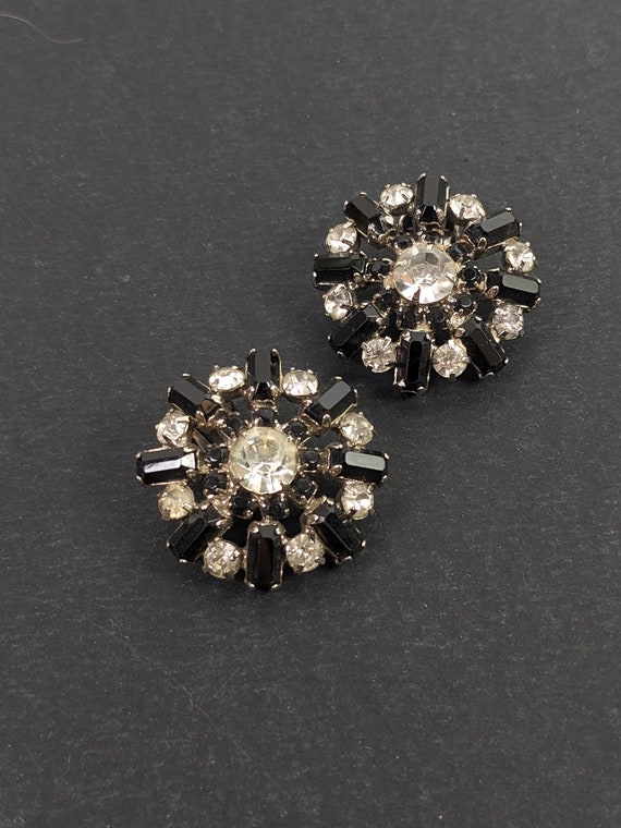 Vintage Rhinestone Clip on Earrings - Black Clear… - image 1