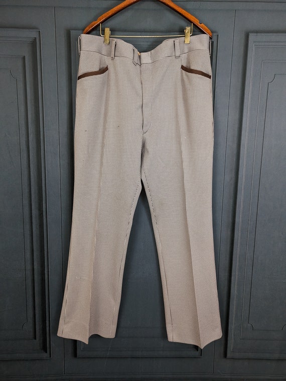 Vintage Houndstooth Men's Dress Pants - Brown White Hounds Tooth Check Stretch Knit - Flared Leg Pants 41 x 30.5