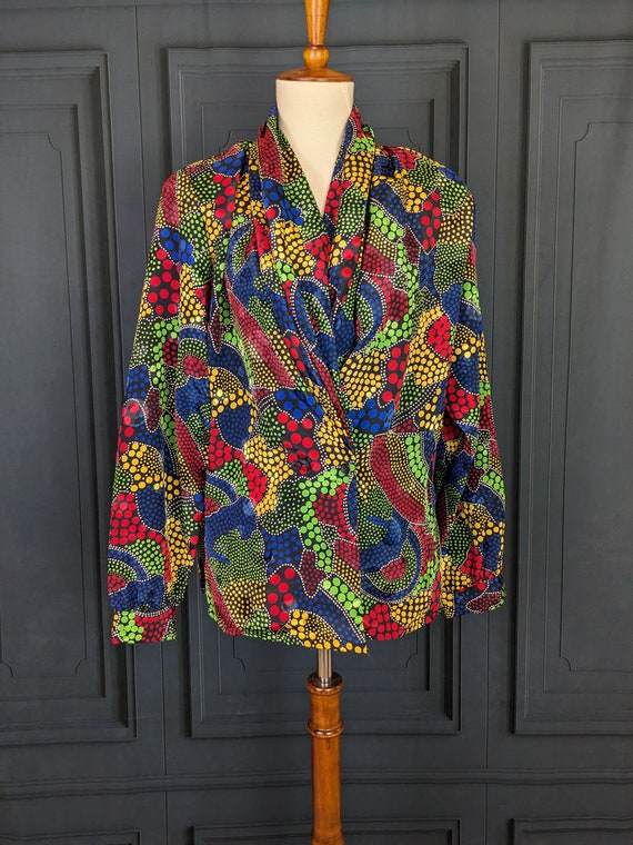 Vintage 80's Blouse - Black Rainbow Polka Dot Sil… - image 2