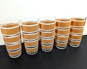 Verres à boire vintage à rayures brunes et blanches - Lot de 5 gobelets MCM 12 onces