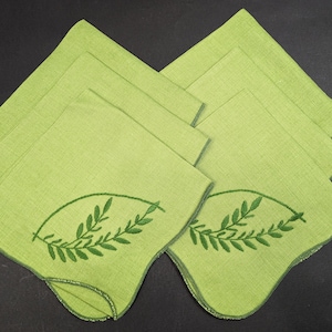 Vintage Green Linen Napkins Set of 6 Botanical Leaf Embroidery