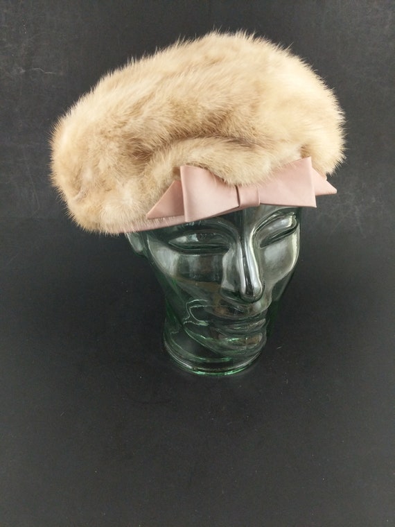 Vintage Ladies Hat Fur Cloche with Ribbon Bow 50'… - image 1