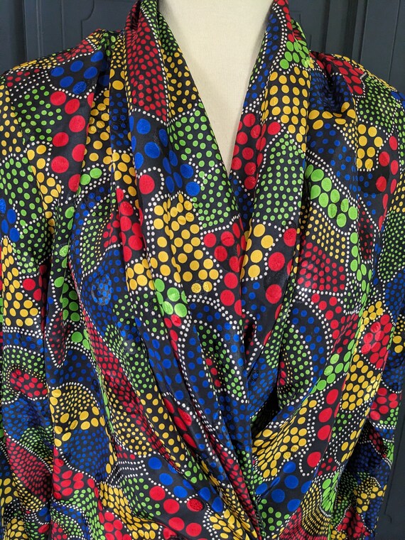 Vintage 80's Blouse - Black Rainbow Polka Dot Sil… - image 3