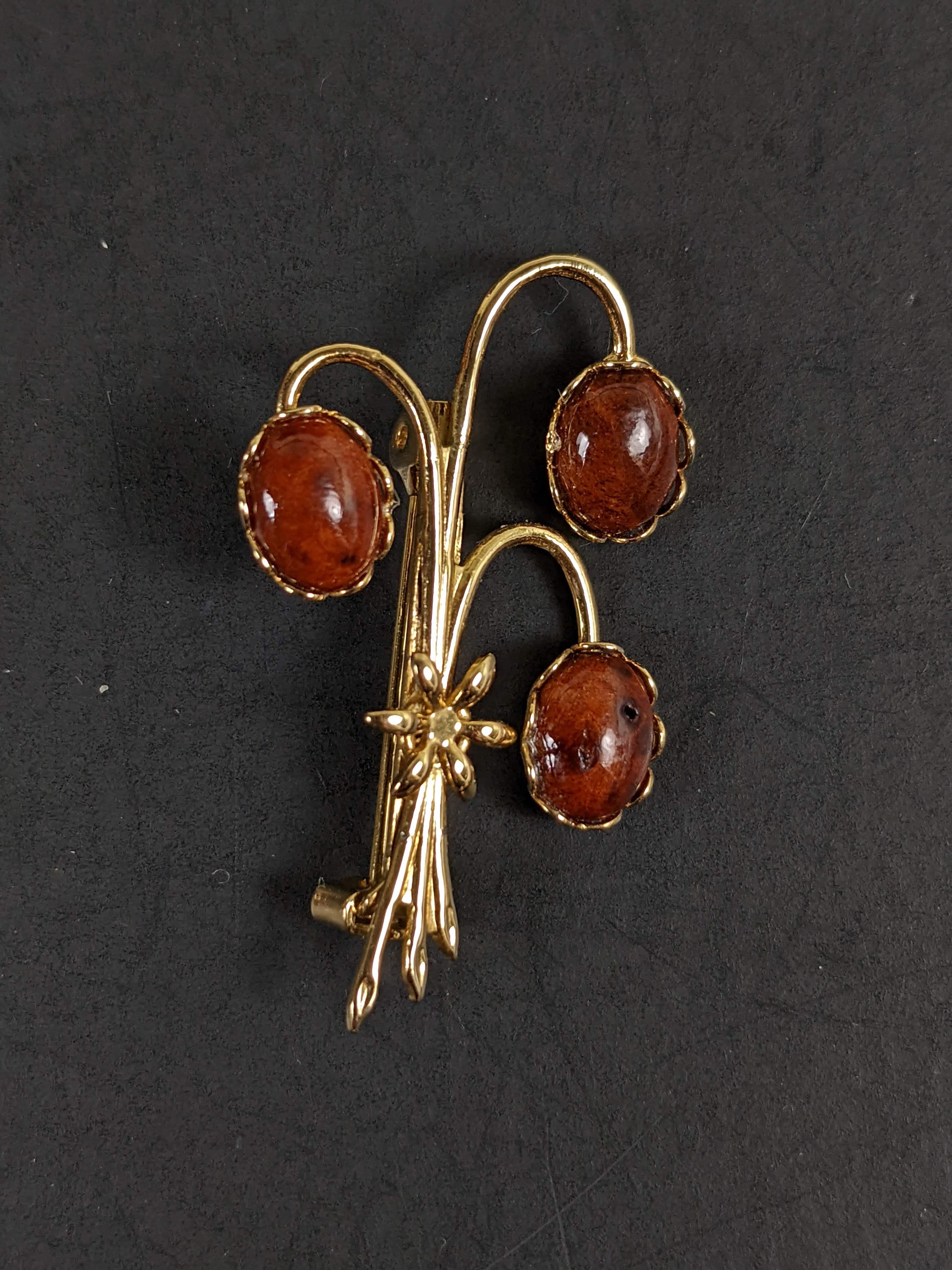 Broche Vintage Fleur En Bronze Avec Cabochon Marron - Bijou Ancien - Très Bon état
