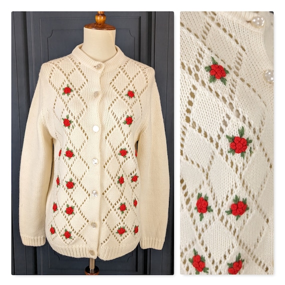 Vintage Embroidered Lace Roses Appliqued Sweater - Size Vintage Embroidered Lace Roses Appliqued Sweater - Size