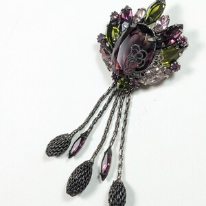 Vintage Amethyst Tassel Brooch Marquise Rhinestone Pin Dark Alice Caviness Style