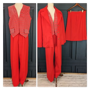 Vintage 70&#39;s Women&#39;s Leisure Suit - Red Jacket Vest Skirt and Wide Leg Pant Suit - Size Large