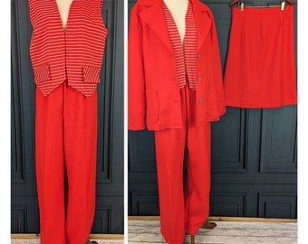 Vintage 70's Women's Leisure Suit - Red Jacket Vest Skirt and Wide Leg Pant Suit - Size Large