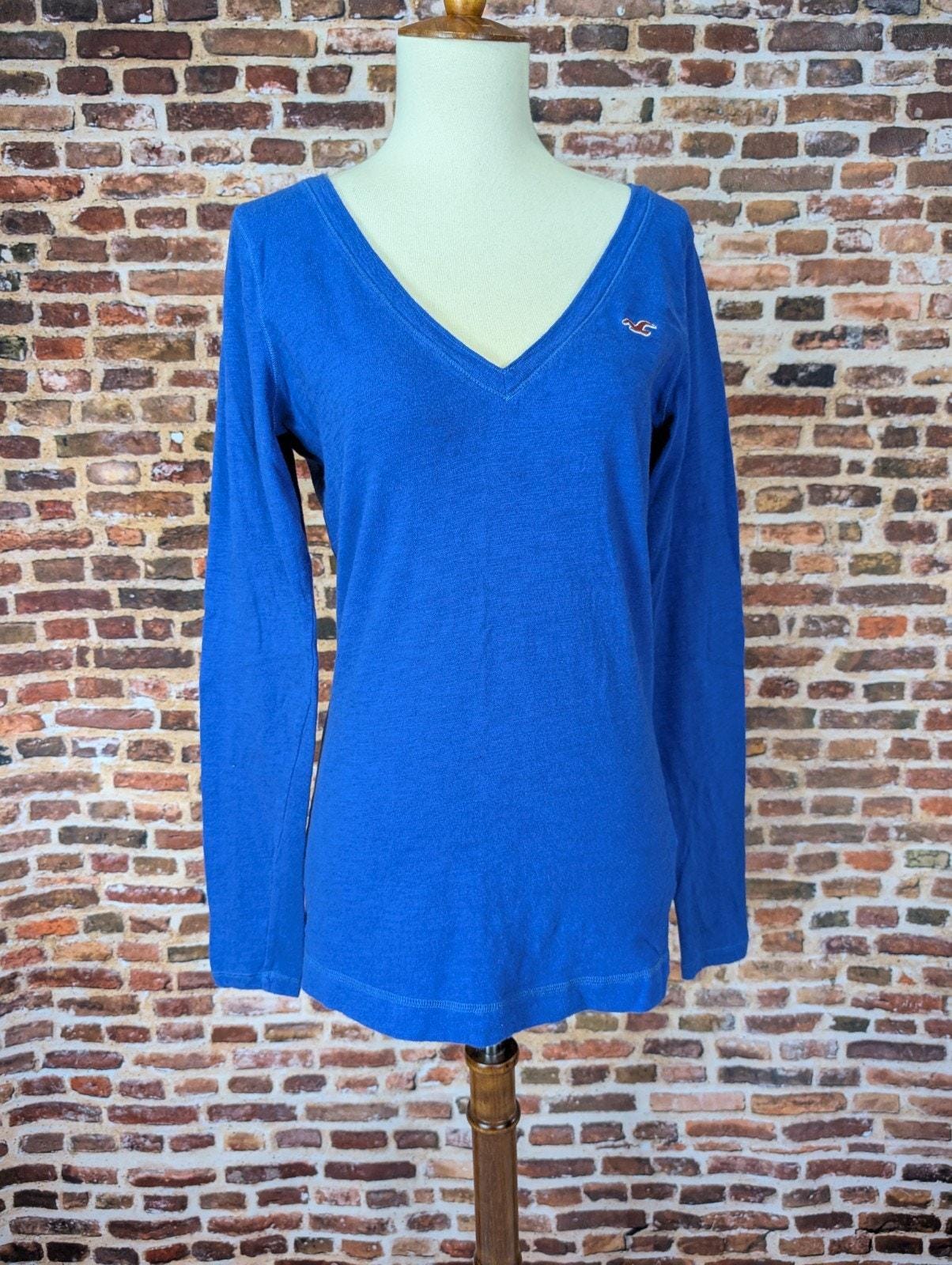 Hollister アクアブルー Vネック長袖Tシャツ 海外ガール　ピチt Vintage Y2K Hollister Deep V Neck Layering Long Sleeve Shirt Blue