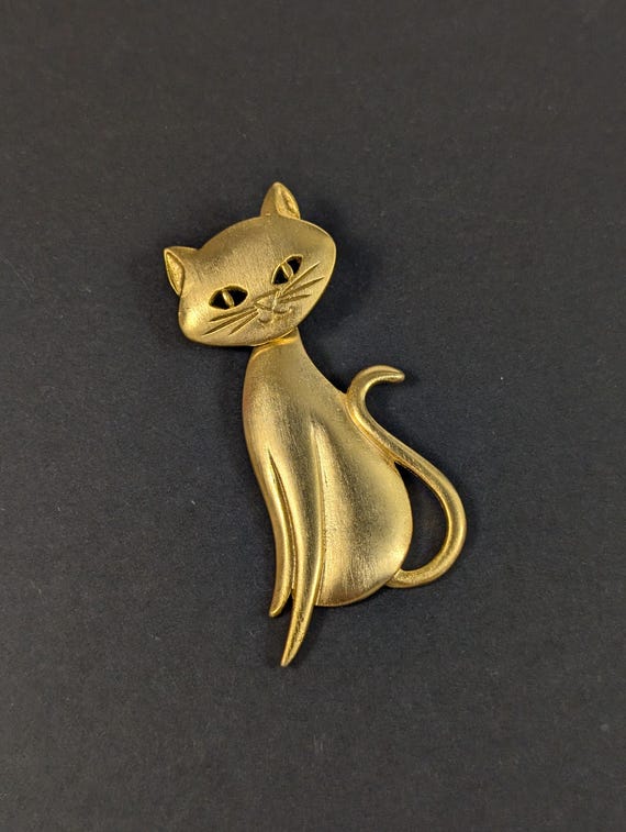 Vintage Stylized Cat Brooch - Signed M Jent 80's Does 50's MCM