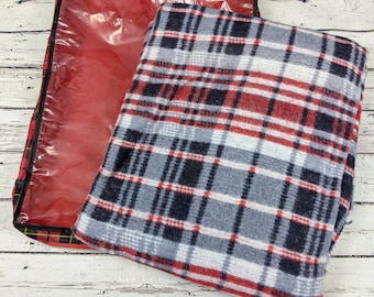 Vintage dun geruite stadiondeken in draagtas - Auto Stadium Travel - Rood zwart geweven plaid