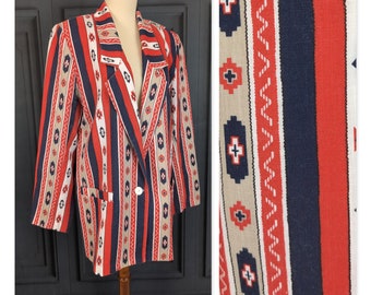 Vintage 80's Western Style Blazer - Red White and Blue Aztec Print - Women's Size Large