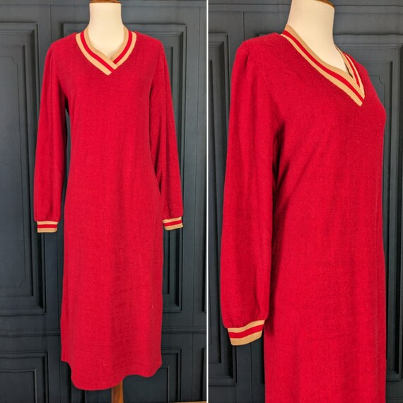 Vintage Terry Cloth Dress Red V Neck Long Sleeve Dr… Gem