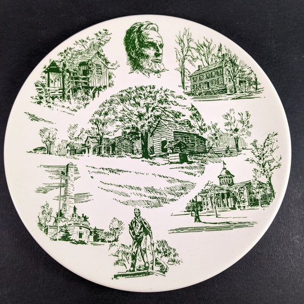 Vintage Illinois Souvenir Plate - Green White State Collector Decorator - Kettlesprings Kilns