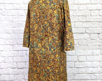 Vintage Cotton Shift Dress - Long Sleeve Size Medium Large - Psychedelic Paint Swirl Patterned