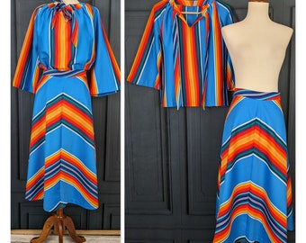 Vintage Two Piece Rainbow Striped Dress - Size Medium Large - 70's Knit Skirt and Top