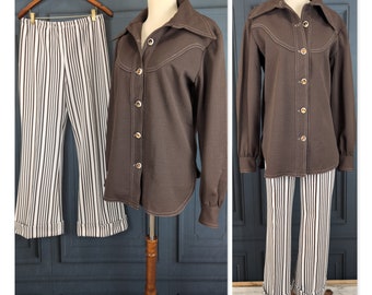 Vintage 70's Women's Leisure Suit - Brown Knit Jacket and Striped Flared Leg Pant Suit - Size Medium Large