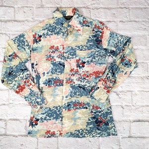 Vintage 70&#39;s 80&#39;s Button up Blouse with Painterly Print - Men&#39;s Size Small Fitted Slim