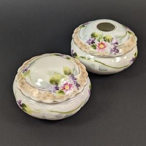 Antique Porcelain Vanity Set - Powder Jar and Hair Receiver - Made in Japan Painted Flowers Floral