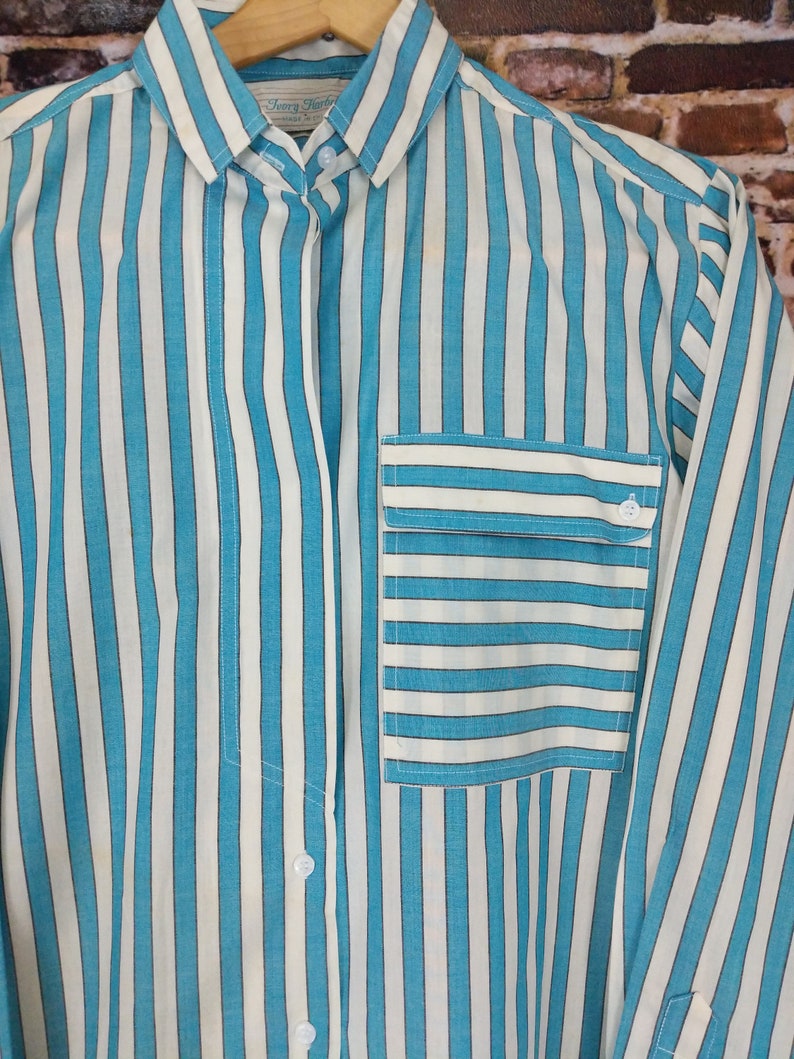 Vintage Striped Button Shirt Men/'s Women/'s Blue White Summer Cotton Shirt Long Sleeve