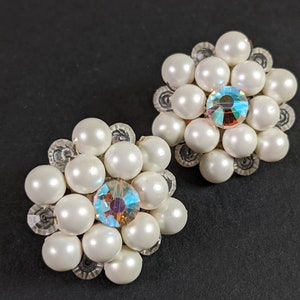 Mid Century Cluster Earrings - Faux Pearl AB Crystal Rhinestone - Clip on Set