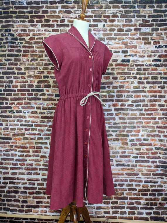 Burgundy Microsuede Dress - Simple 70's Short Sle… - image 3